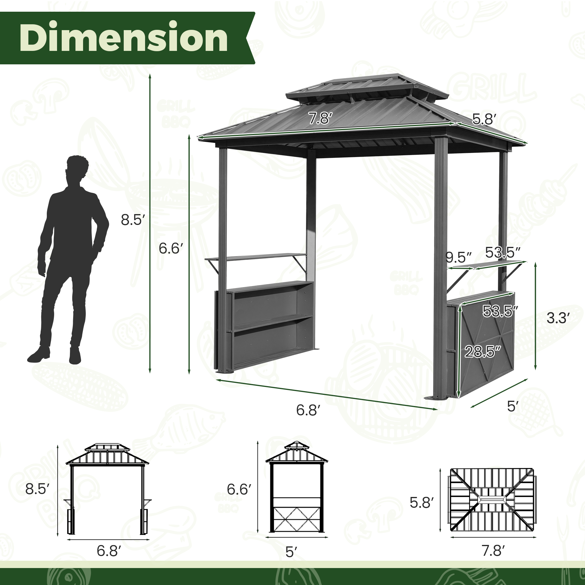 HOMREST 8x6 FT Outdoor Grill Gazebo with Double Steel Roof