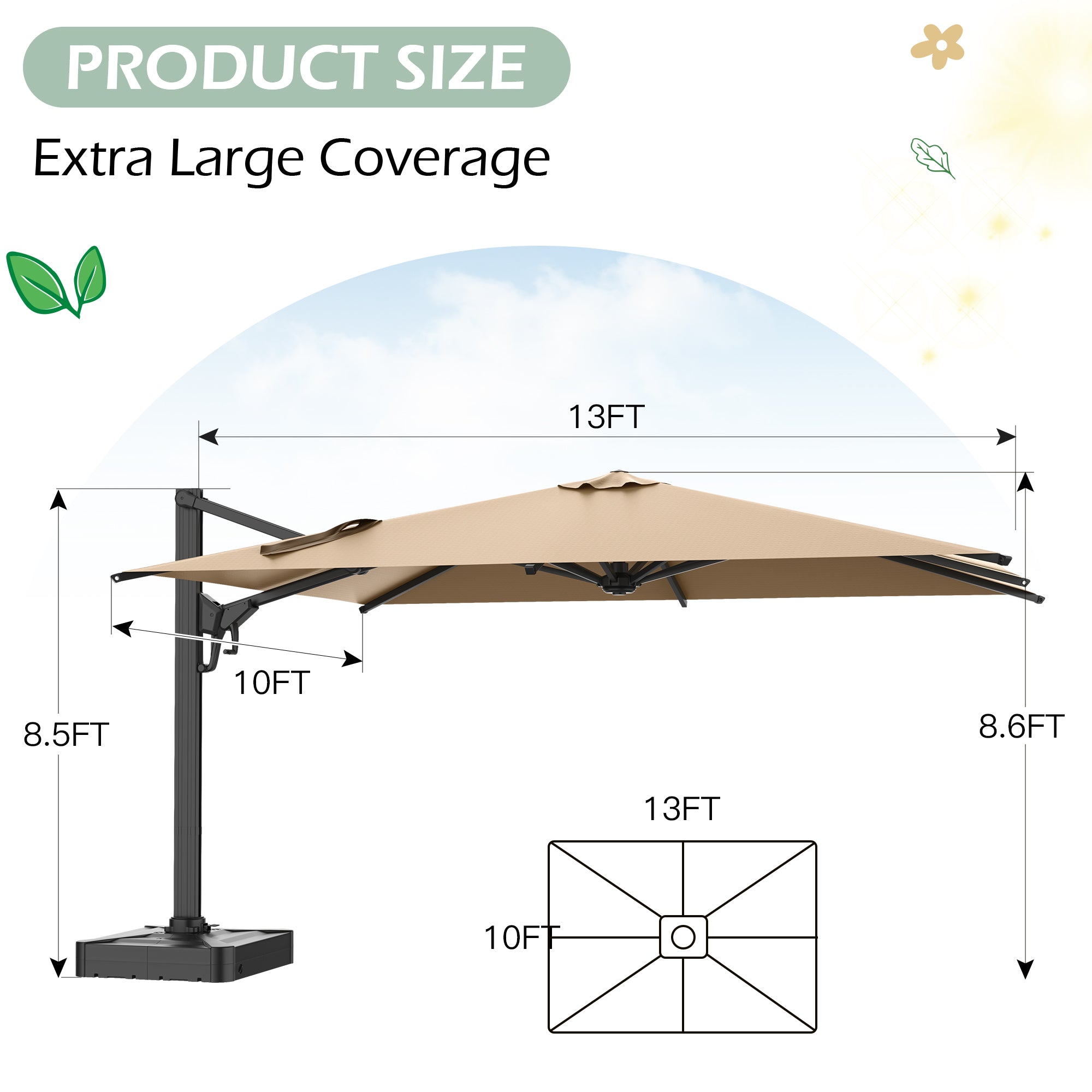 HOMREST 10x13ft Large Rectangular Cantilever Umbrella with 360° Rotation & 6 Adjustable Heights, Outdoor Patio Umbrella for Garden, Pool, Deck, Brown (Base Excluded)