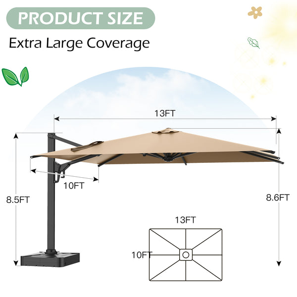 HOMREST 10x13ft Large Rectangular Cantilever Umbrella with 360° Rotation & 6 Adjustable Heights, Outdoor Patio Umbrella for Garden, Pool, Deck, Brown (Base Excluded)