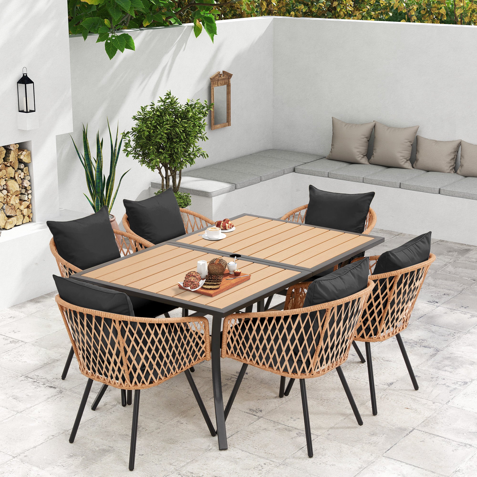 HOMREST 7-Piece Outdoor Dining Set – Rectangular Table with Umbrella Hole & 6 Rattan Chairs, Black
