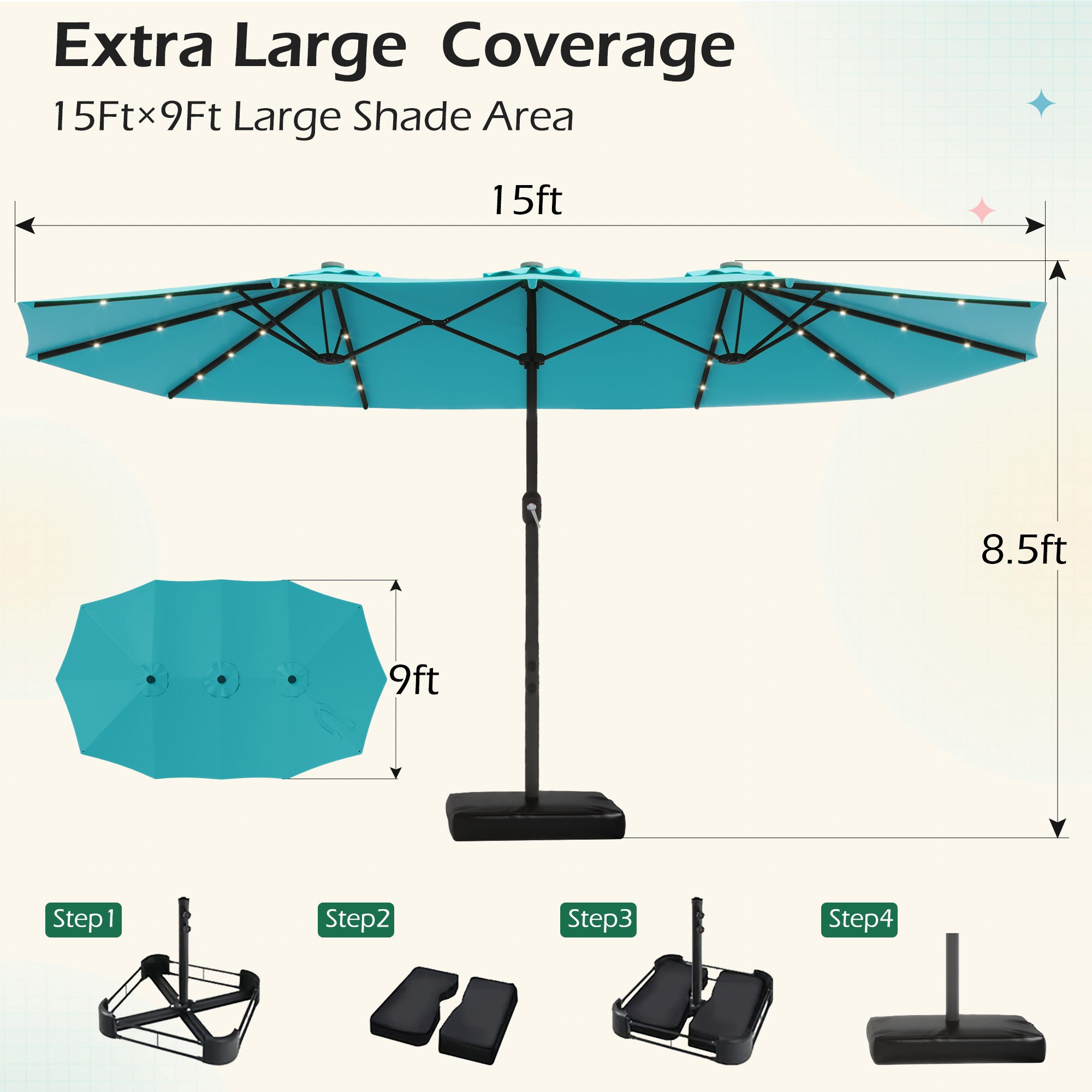 HOMREST 15ft Large Double-Sided Patio Umbrella with Solar LED Lights, Outdoor Crank System, and Base – Perfect for Garden, Deck, Poolside, Bule