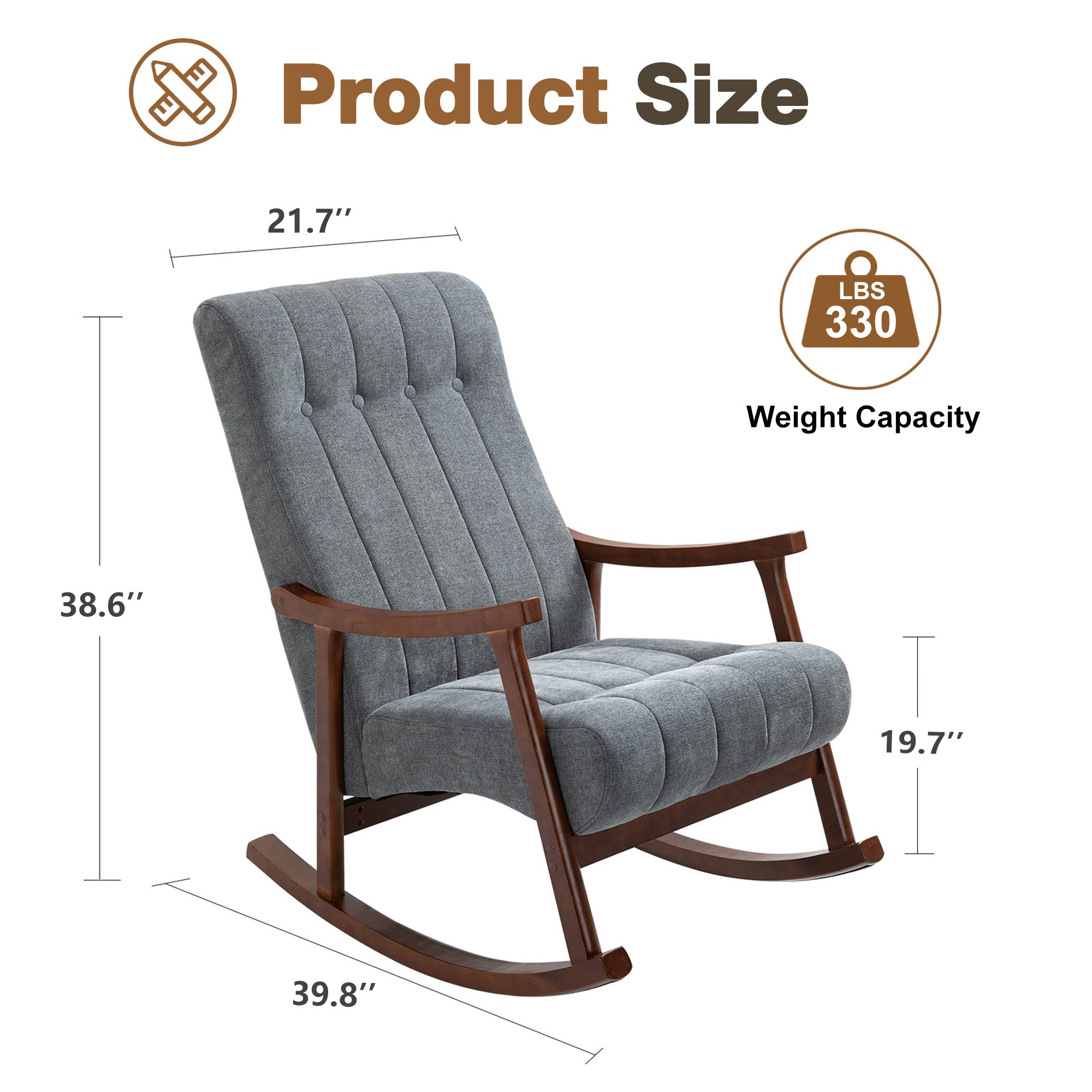 HOMREST Upholstered Rocking Chair with Fabric Padded Seat, Comfortable Rocker Solid Wood for Living Room, Modern High Back Armchair for Adult, Light Gray