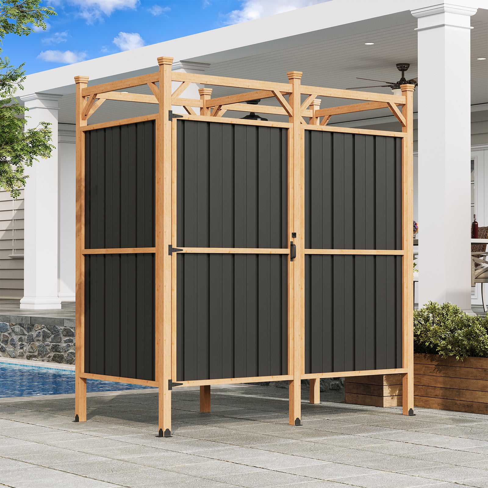 HOMREST Outdoor Shower Enclosure with Lockable Door, Weatherproof Outdoor Shower Stall with Metal Panels, Hooks & Shelves - Perfect for Pool Wash Station, Backyard & Beach Rinse Area Large Version