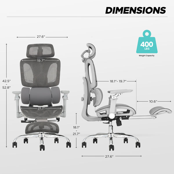 HOMREST Ergonomic Office Chair with 3-Zone Dynamic Lumbar Support, Big and Tall Mesh Office Chair with Footrest, Adjustable Seat Depth,4D Headrest,6D Armrests, Swivel Executive Chair for Home Office, Grey