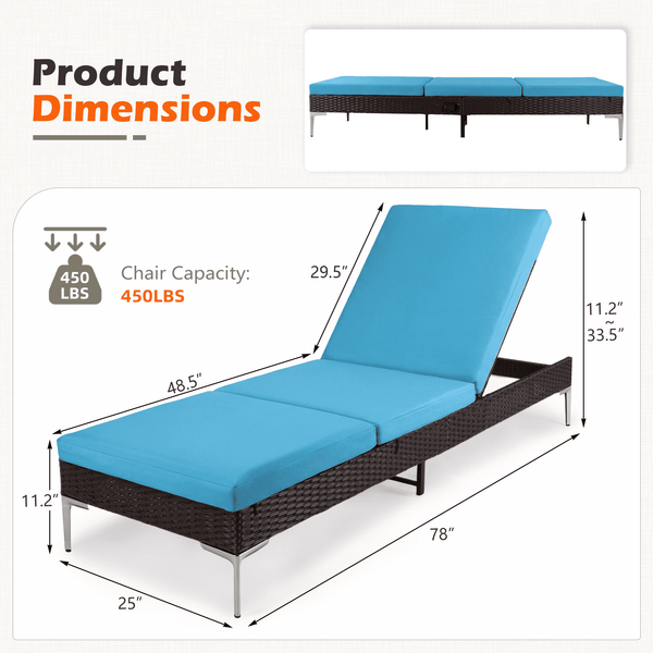 Homrest 2PCS Patio Rattan Chaise Lounge Chair Outdoor Wicker Recliner Thickened Cushion Stepless Adjustable with Gas Cylinder  (Blue)