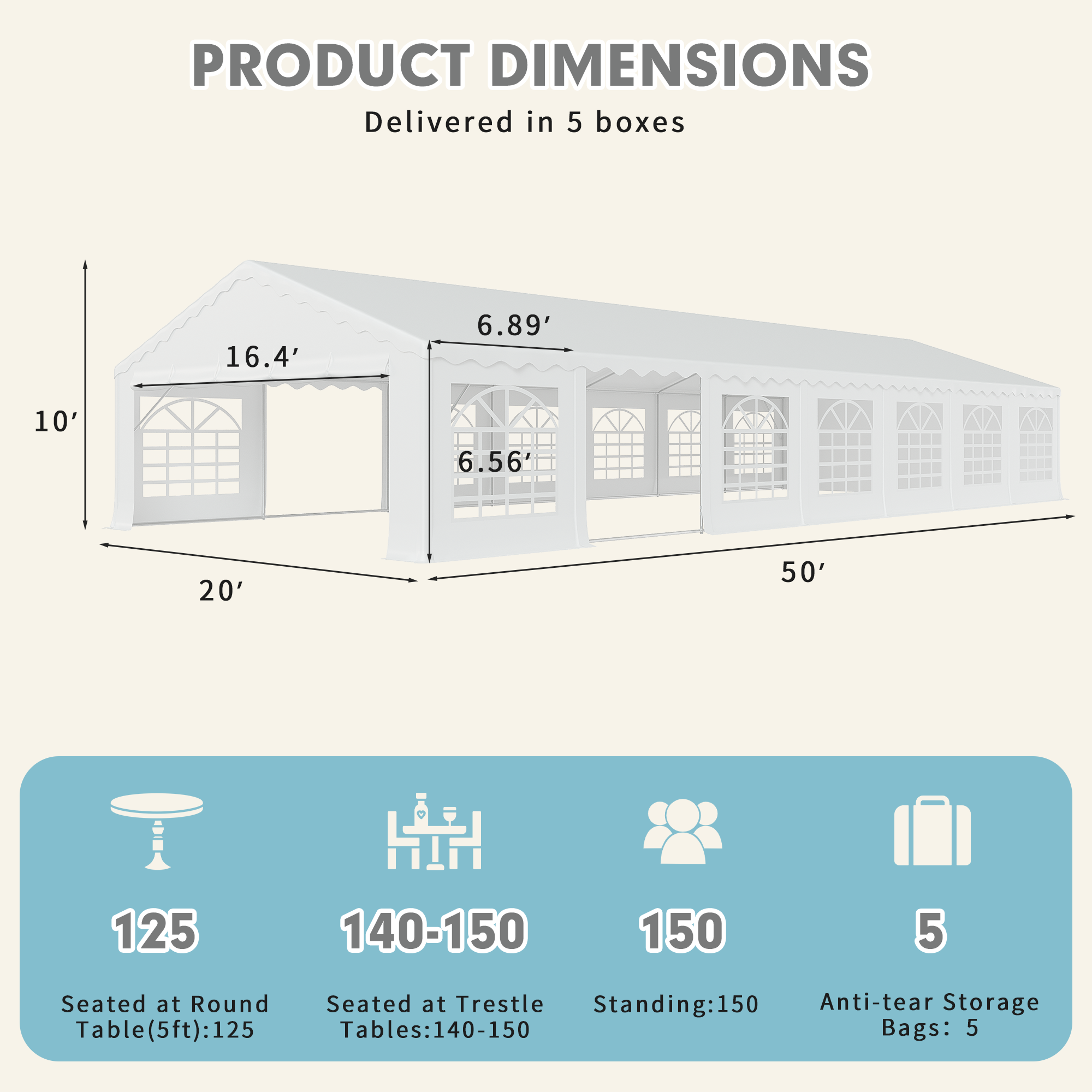 HOMREST 20x50ft Party Tent Outdoor Wedding Tent Heavy Duty Large Canopy Carport With Removable Sidewalls 2 Roll Up Doors 5 Storage Bags White