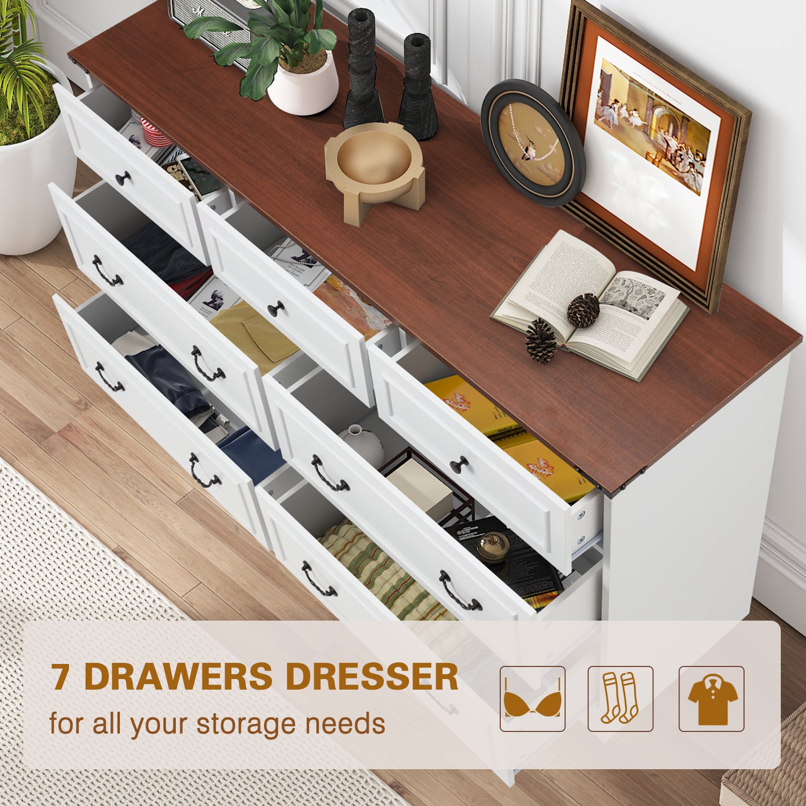 HOMREST Farmhouse 7 Drawers Dresser for Bedroom, 54" Wide Kids Chest of Drawers for Living Room, Antique White