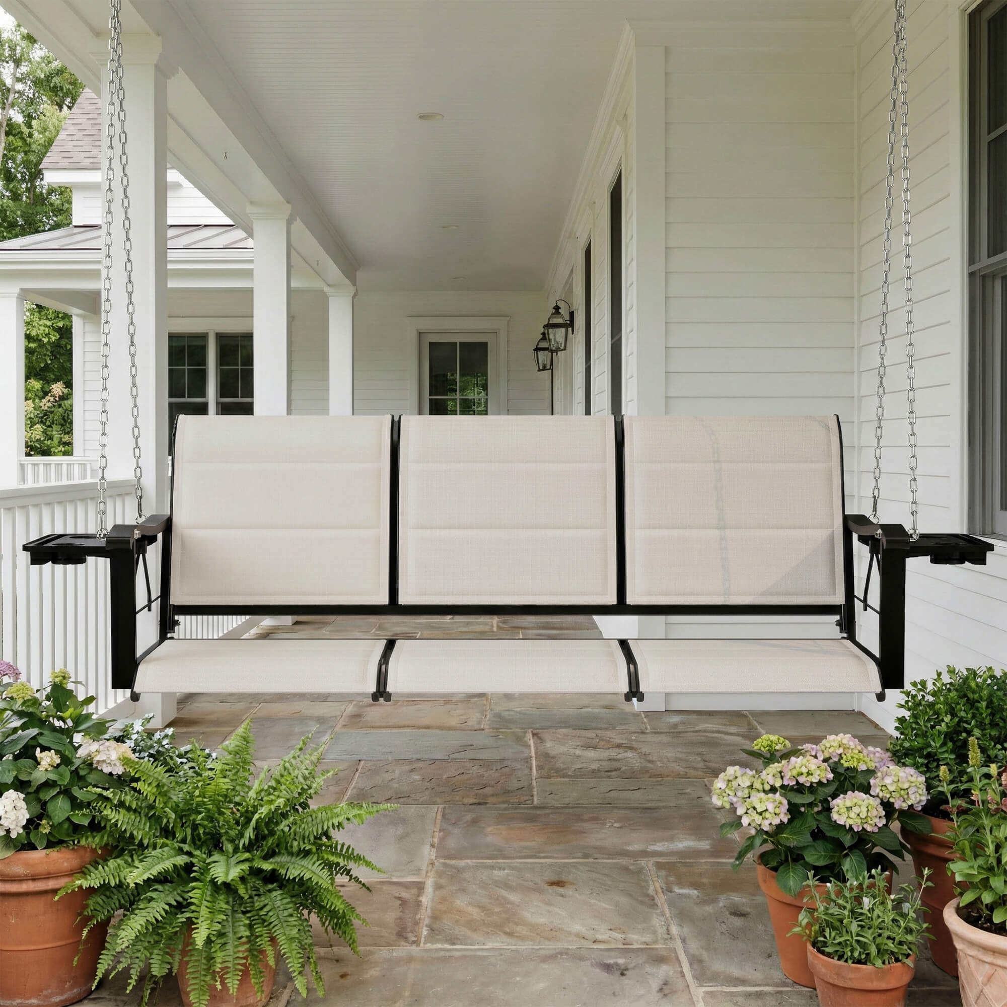 HOMREST 3-Seat Porch Swing with Cup Holders, 5.3 FT Textilene Patio Hanging Swing Bench with Cotton Layer, Hanging Chains, 700 LBS Capacity, Beige