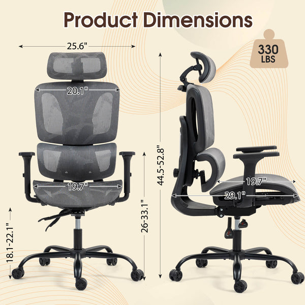 Homrest Ergonomic Mesh Office Chair with Adjustable Lumbar & Headrest â Grey