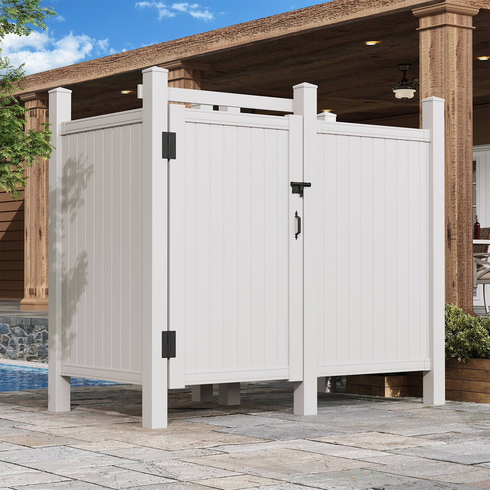 HOMREST 80"H x 80.75"W x 45.75"L White PVC Outdoor Shower Enclosure with Door, Weatherproof Privacy Stall for Pool & Beach, Durable Vinyl Construction(Flat-panel with changing room)