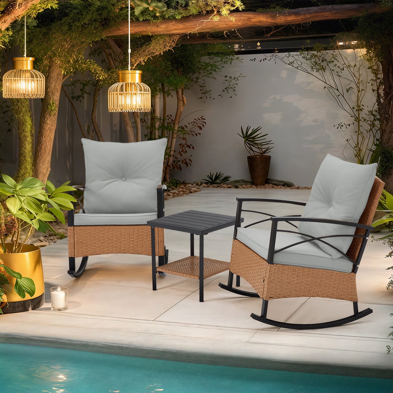 HOMREST 3-Piece Bistro Set: Outdoor Rattan Rocking Chairs with Cushions and Coffee Table