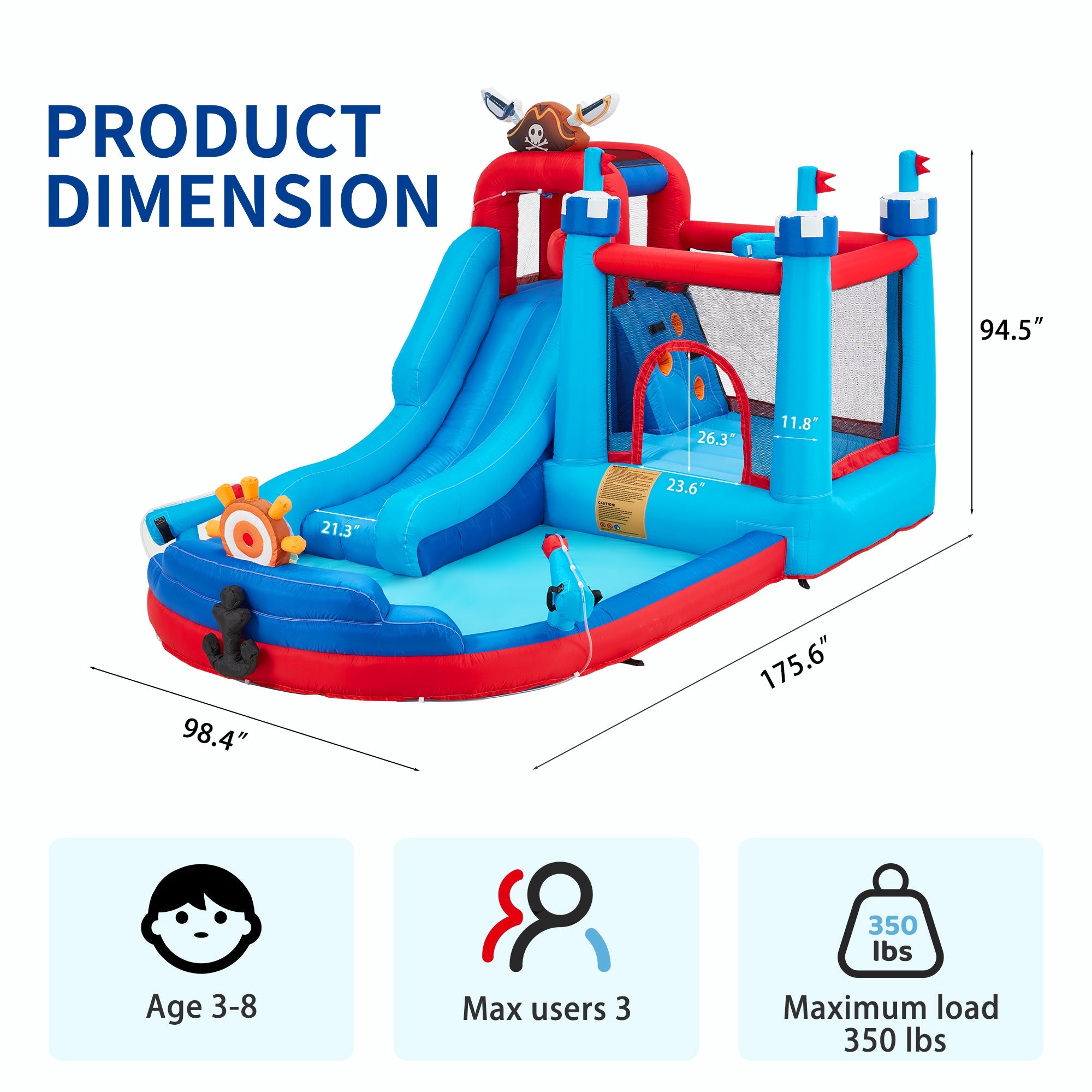 Homrest Inflatable Bounce House, Bounce House with Water Slide for Kids 3-8, Water Slide Bounce House with a Pirate Ship Shape, Rock Climbing Wall, Trampoline, Water Gun Competition, Darts Game, Storage Bag, 480W Blower for Outdoor Backyard