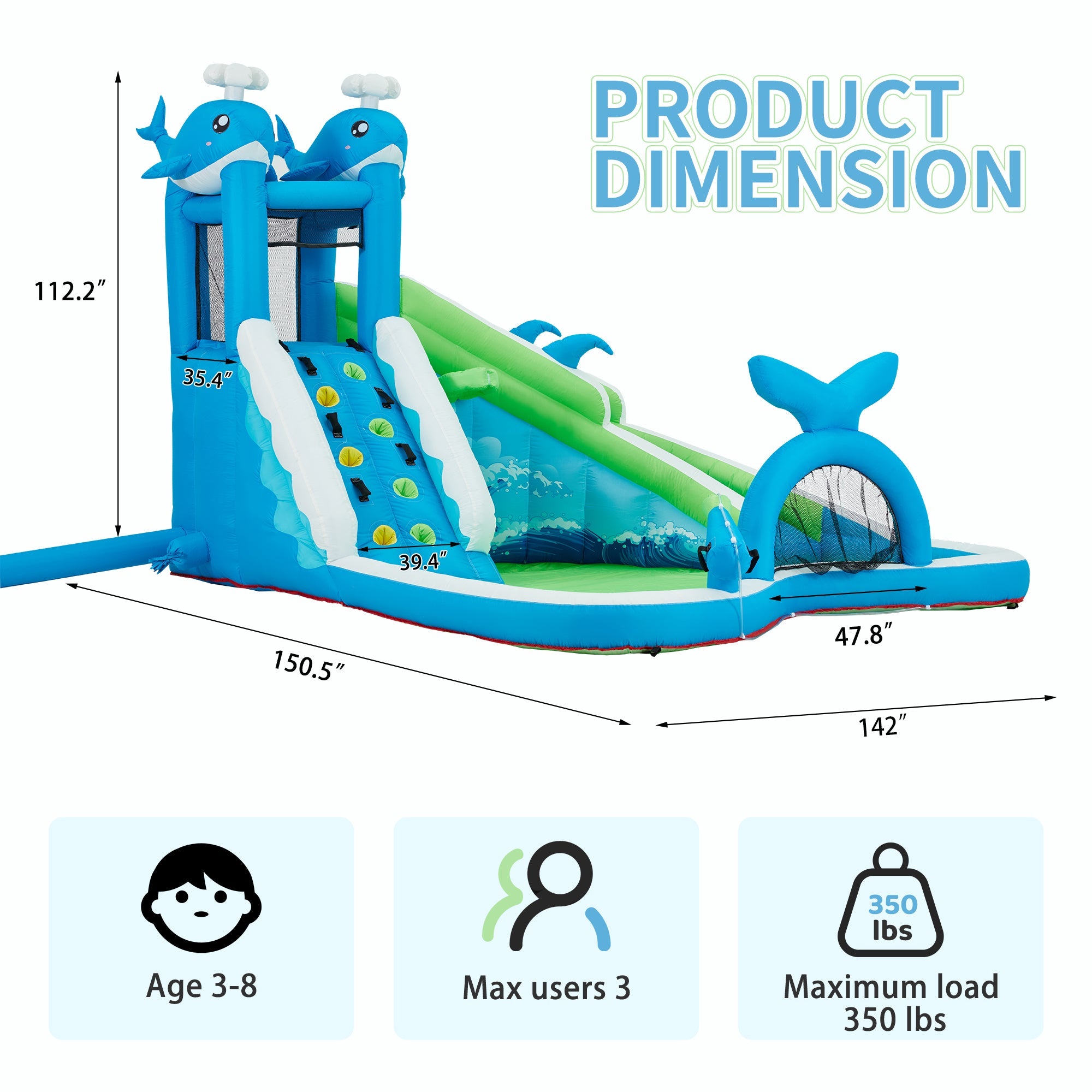 Homrest Inflatable Bounce House, Bounce House with Water Slide for Kids 3-8, Water Slide Bounce House with a Whale Shape, Rock Climbing Wall, Throwing Game, Water Gun Competition, Storage Bag, 480W Blower for Outdoor Backyard