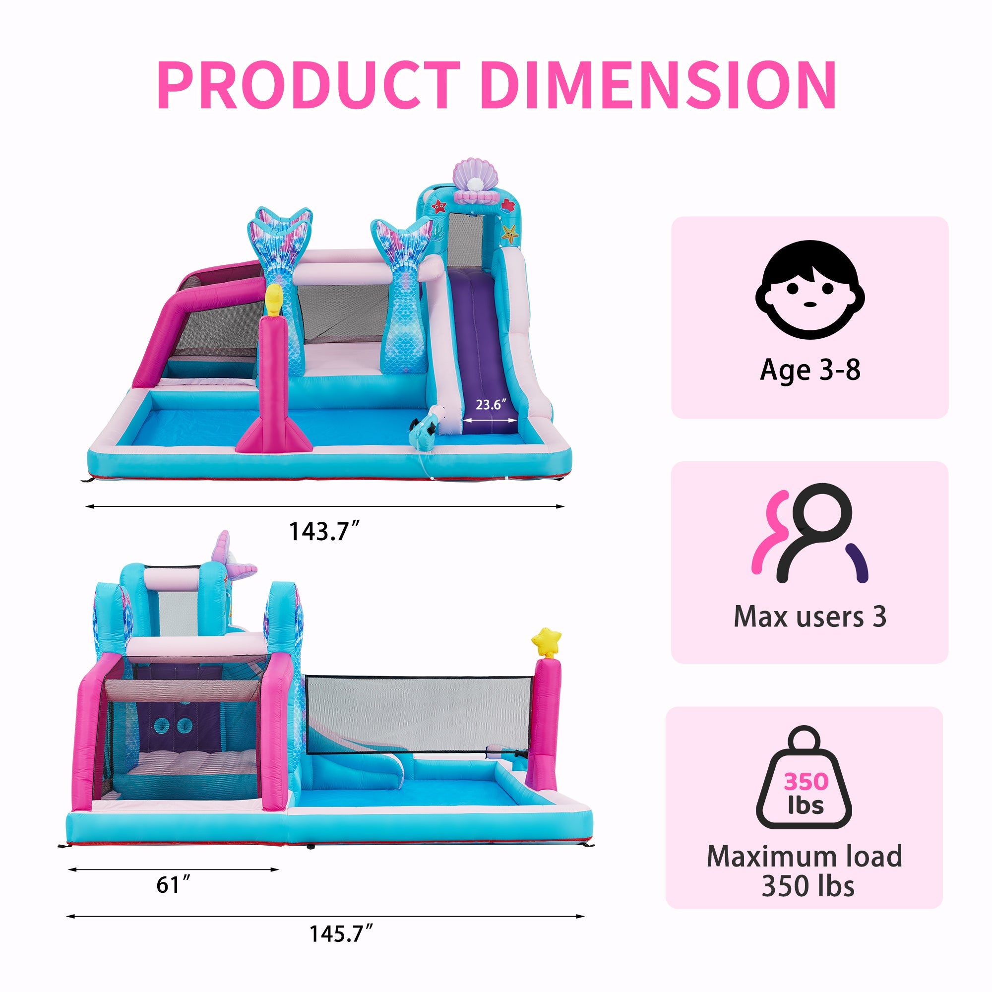 Homrest Inflatable Bounce House, Bounce House with Water Slide for Kids 3-8, Water Slide Bounce House with a Mermaid Shape, Volleyball Match, Trampoline, Water Gun Competition, Storage Bag, 480W Blower for Outdoor Backyard