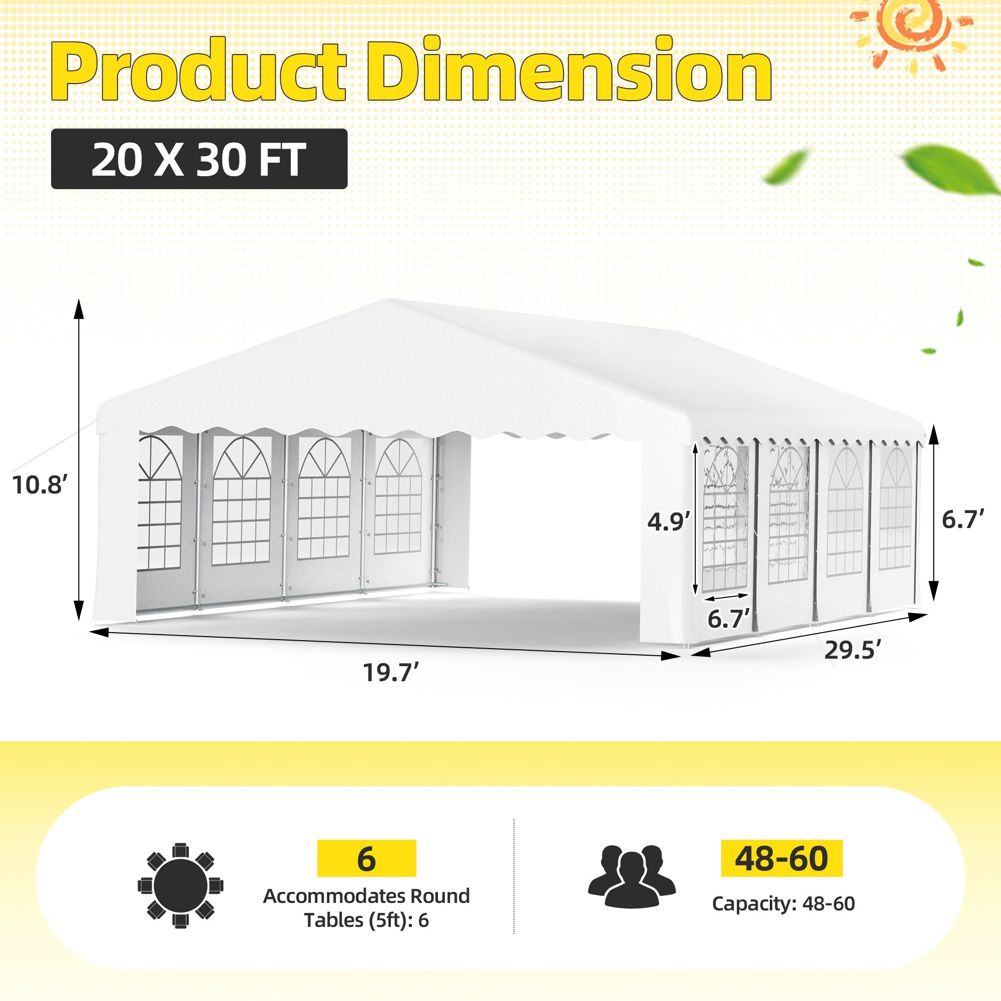 HOMREST 20x30 Ft Heavy Duty Party Tent Gazebo For Events Weddings BBQs Removable Sidewall Windows Storage Bags Included White