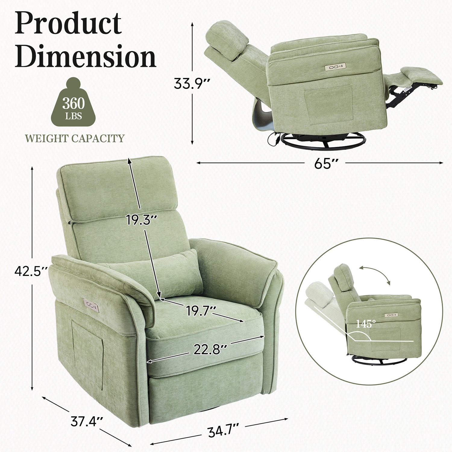 HOMREST Power Swivel Rocking Recliner Chair with Adjustable Headrest and Armrests, Green