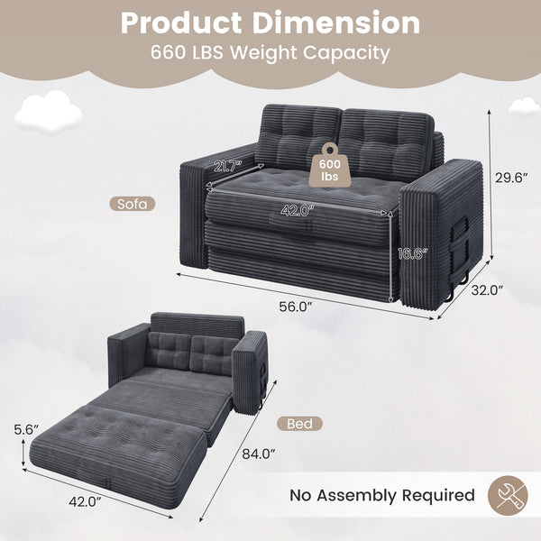 HOMREST No Assembly Needed Convertible Sofa Bed, 2 in 1 Boneless Couch Bed with 2 Pillows, Gray
