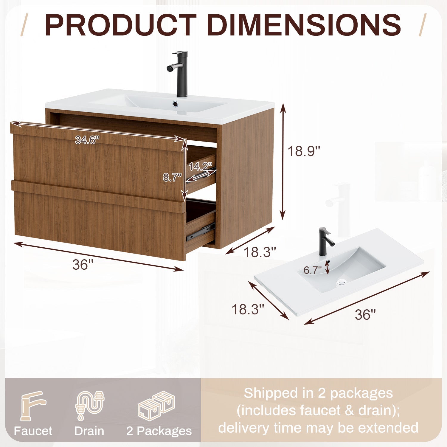 HOMREST 36 Inch Bathroom Vanity with Sink, Floating Bathroom Vanity with 2 Large Storage Drawers, Wood Grain Wall Mounted Bathroom Cabinet, Brown