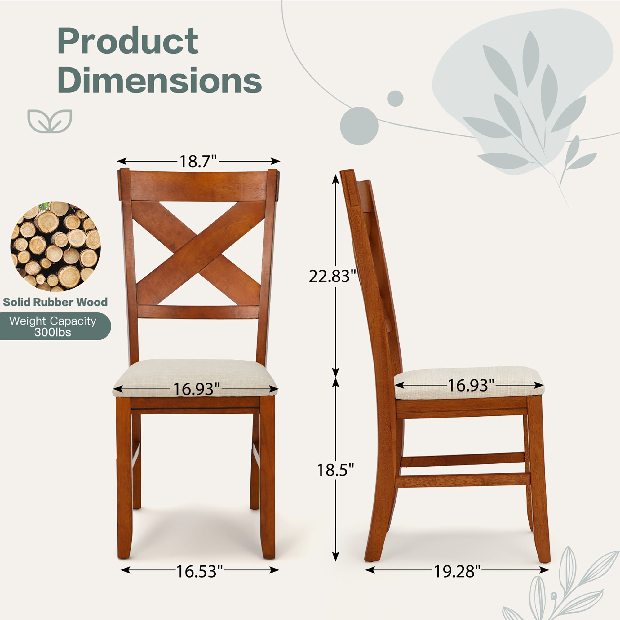 Rustic Farmhouse 19" Upholstered Barstool, Solid Wood Dining Chairs Set of 2 for Kitchen and Dining Room, Natural Oak Wood