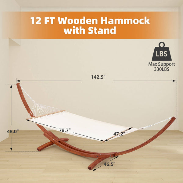 HOMREST 12 FT Wooden Hammock with Stand for Single Person, White