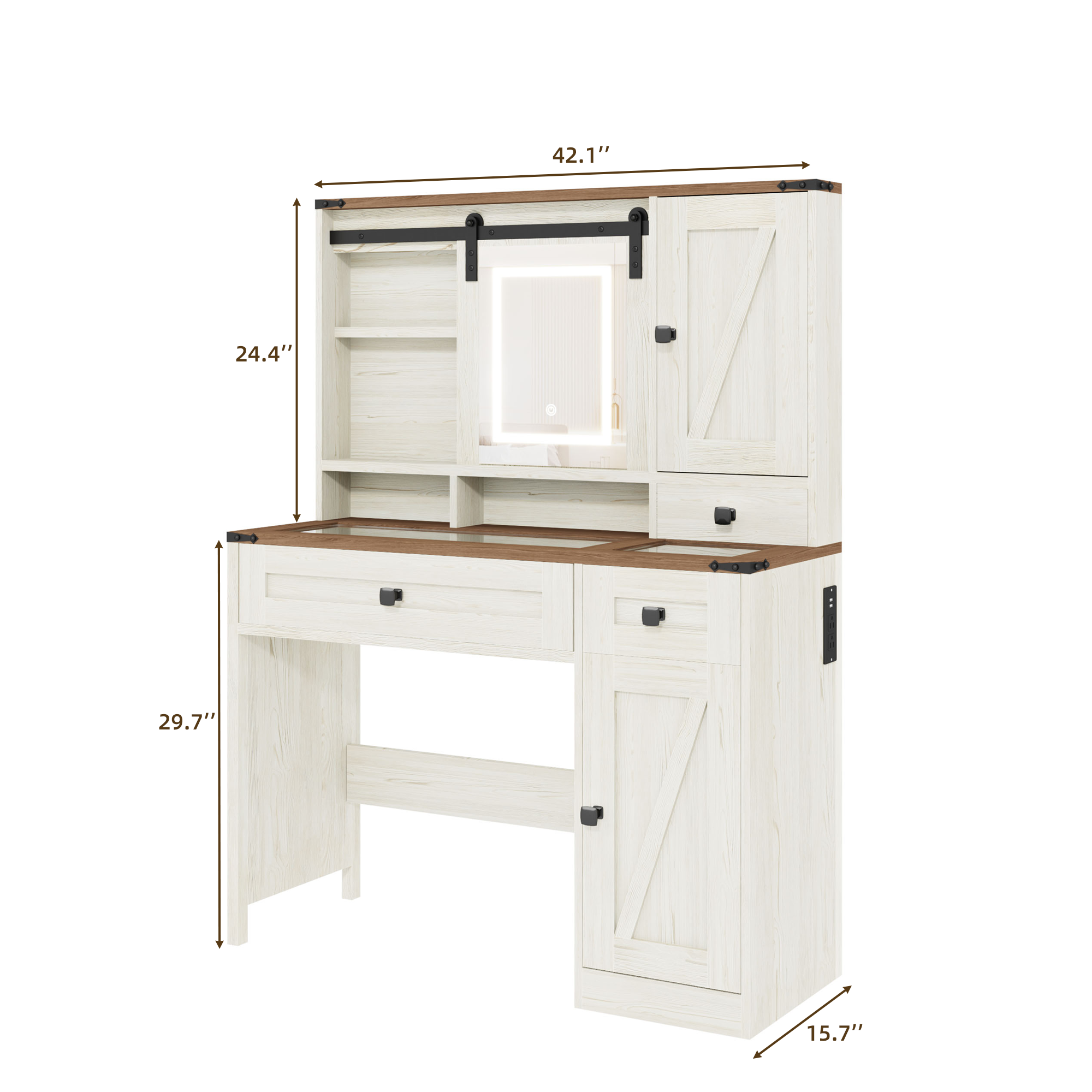 HOMREST  Farmhouse Vanity Desk with Mirror, Lights and Jewelry Storage, Rustic Farmhouse Style