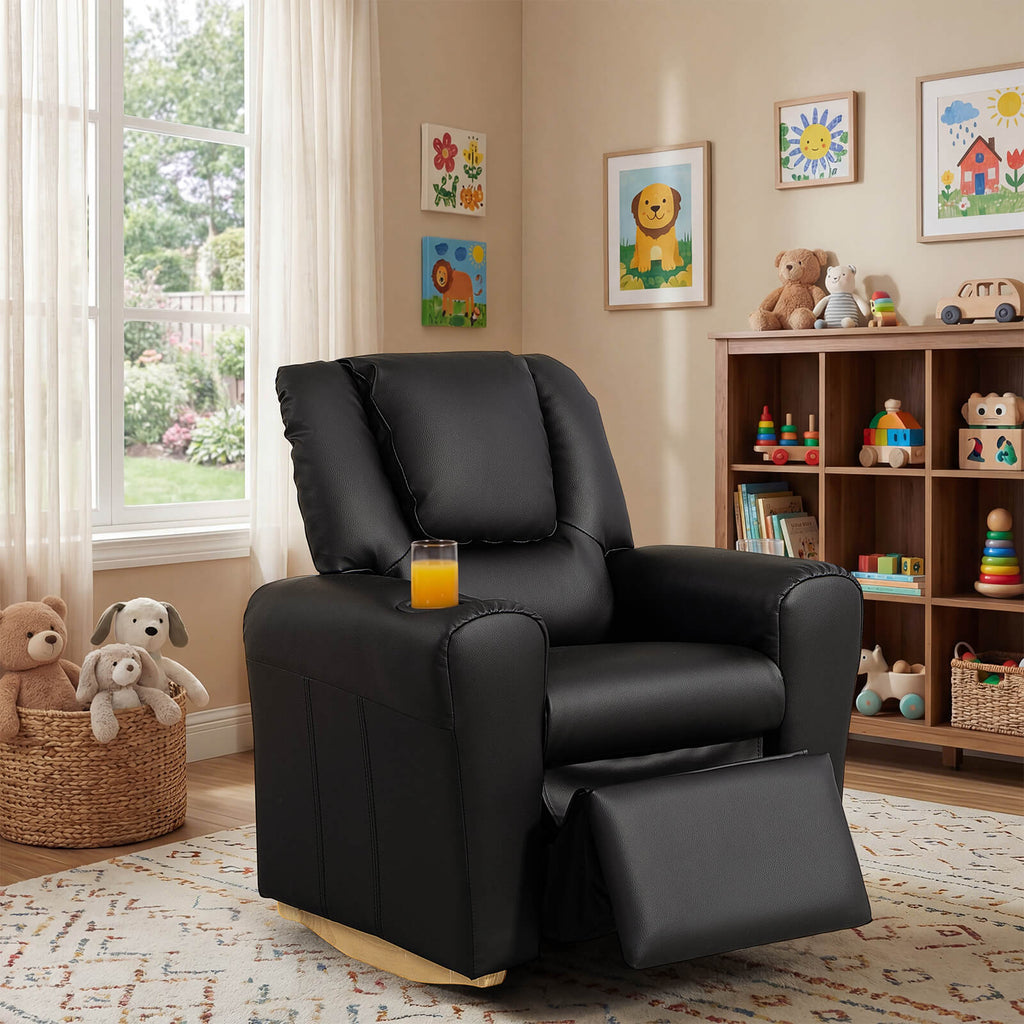 HOMREST Kids Recliner Chair with Cup Holder, Leather Toddler Recliner with Adjustable Backrest, Curved Rocking Legs and Comfy Armrests, Black