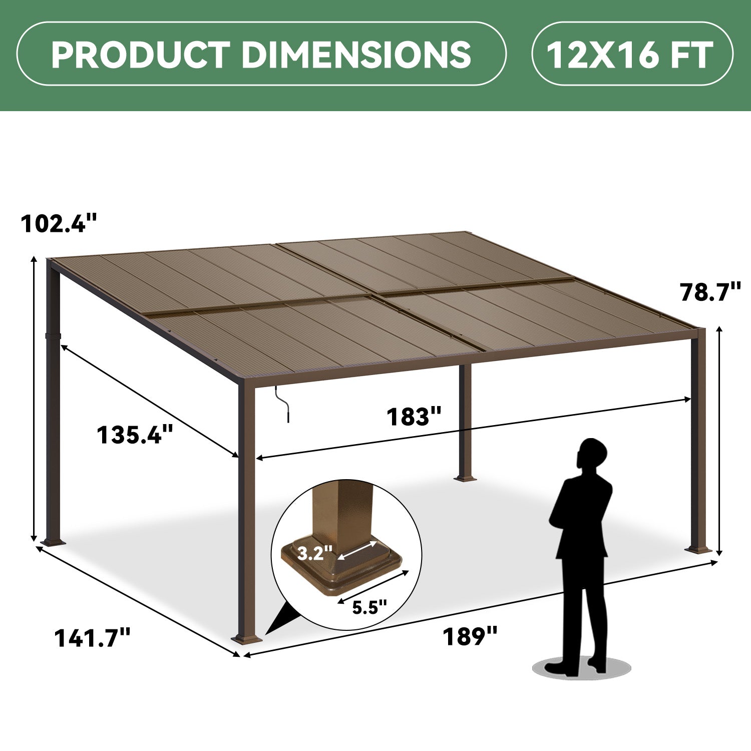 HOMREST 12' x 16' Lean to Gazebo, Patio Gazebo with Adjustable Polycarbonate Roof, Hardtop Wall Mounted Gazebo with Metal Frame, Outdoor Pergola for Deck, Porch, Garden, Backyard