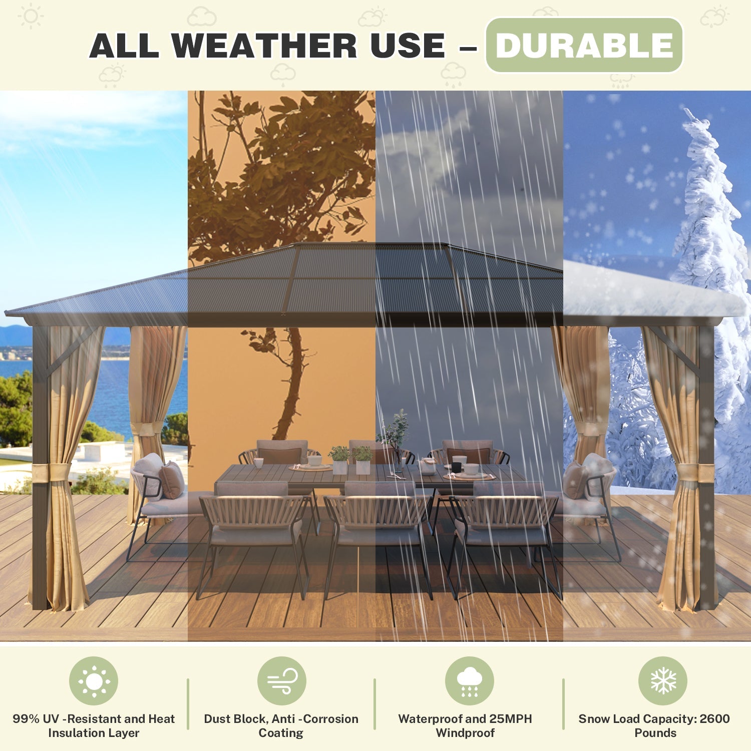 Homrest 12' x 16'  Hardtop Gazebo, Outdoor Polycarbonate Roof Canopy, Aluminum Frame Permanent Pavilion