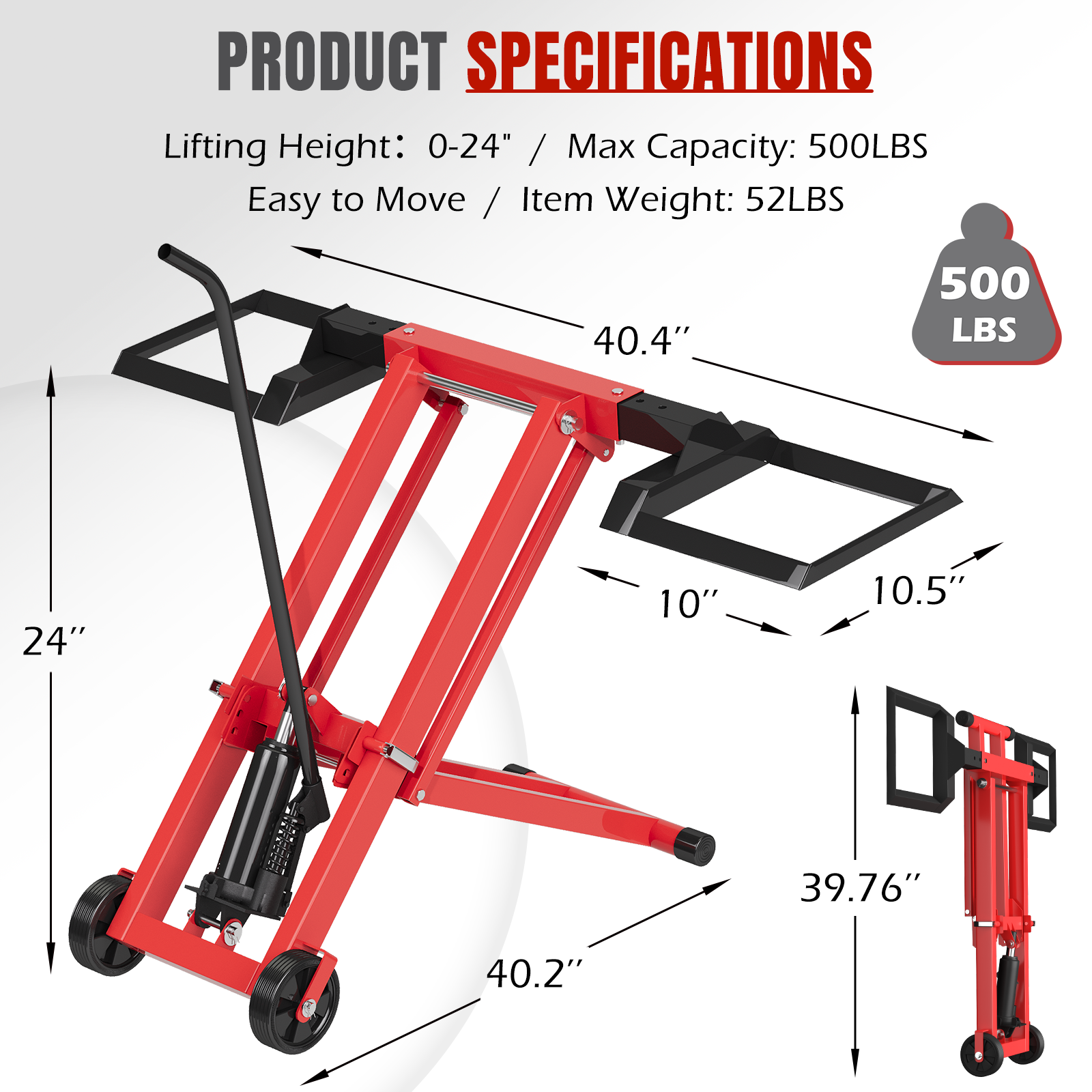 HOMREST 500LB Hydraulic Mower Lift for 40-47.6" Axle, 24" Lawn Tractor Jack with 3-Height Adjustment, Zero Turn Mower Lift for Maintenance & Repair, Red