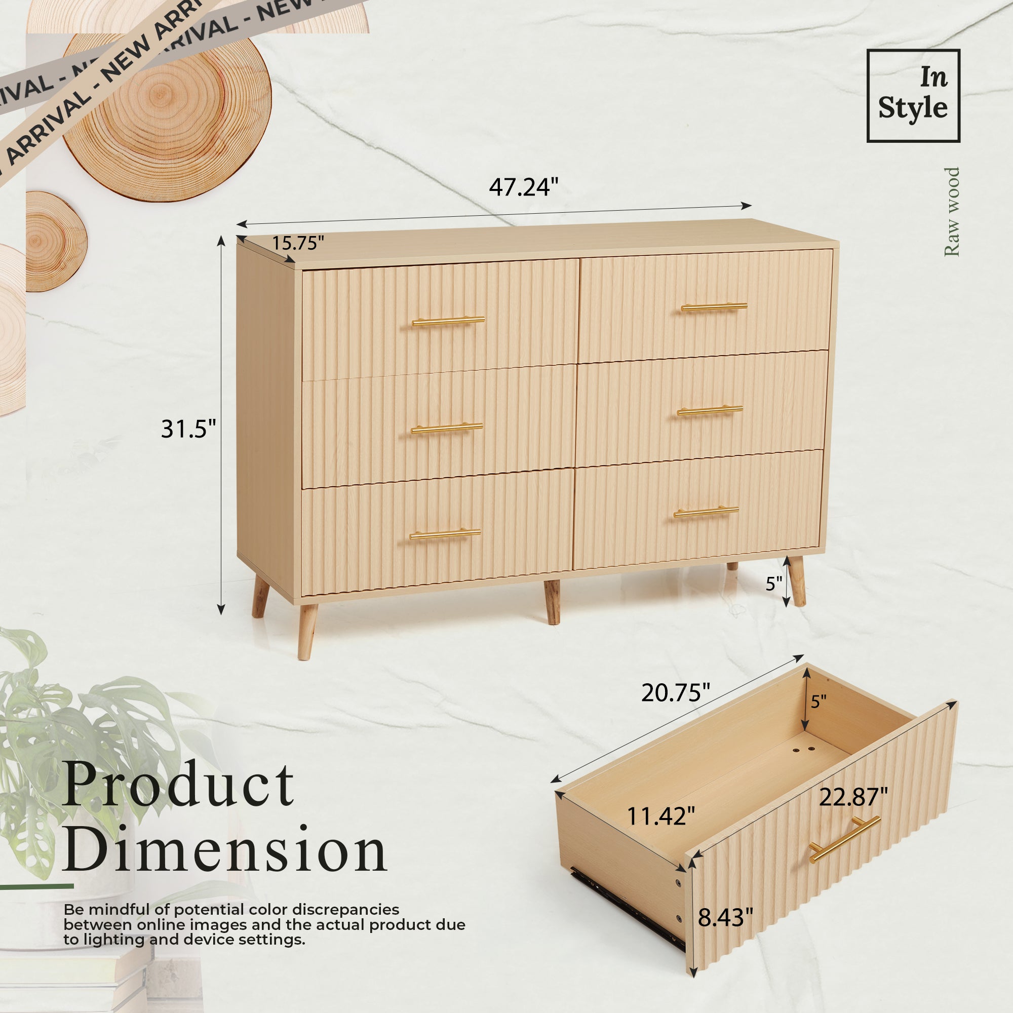 HOMREST 6 Drawer Dresser Modern Dresser Chest of Drawers with Fluted Panel