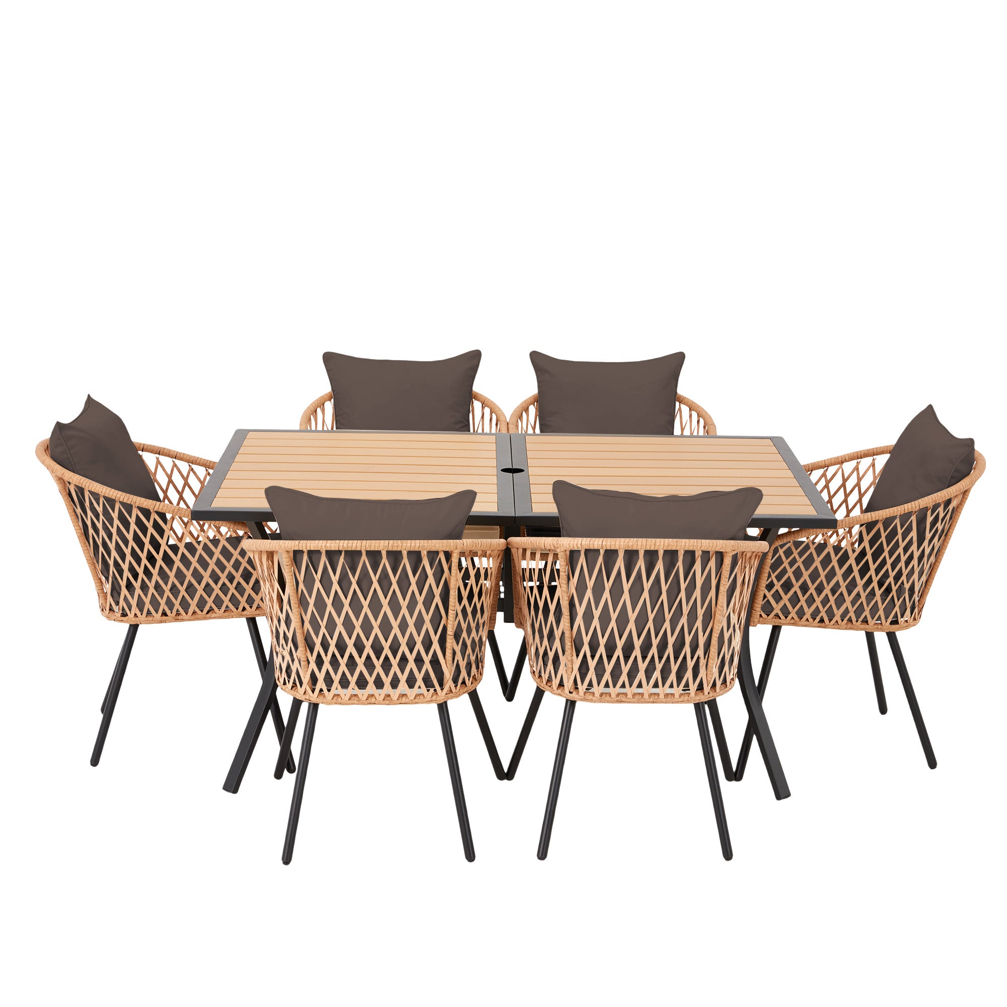 HOMREST 7-Piece Outdoor Dining Set – Rectangular Table with Umbrella Hole & 6 Rattan Chairs, Brown