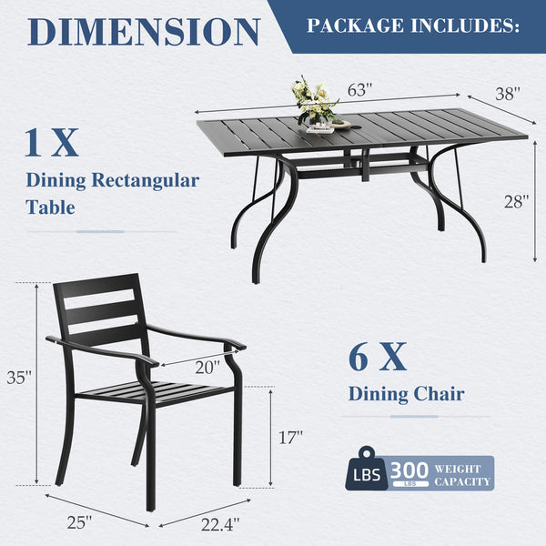 HOMREST 7-Piece Outdoor Patio Dining Set for 6, Rectangular Metal Table with Umbrella Hole & Stackable Chairs
