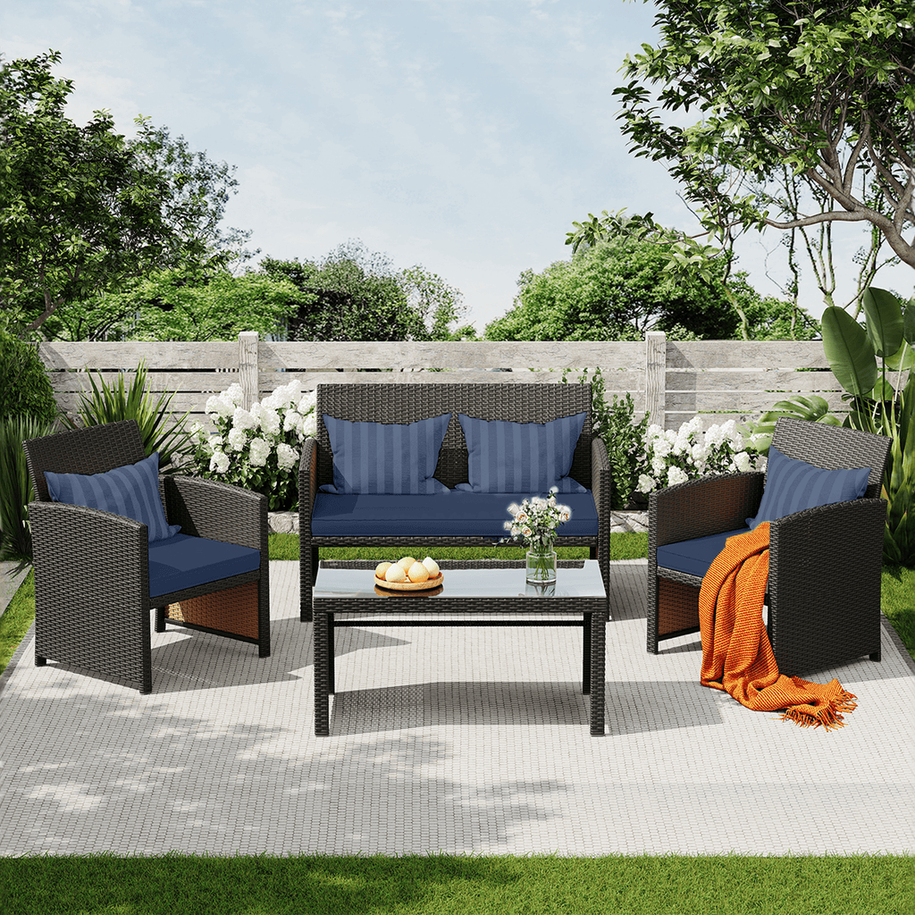 HOMREST 4-Piece Patio Furniture Set, Outdoor Wicker Patio Conversation Set with Cushions, Sofa & Glass Coffee Table, Navy Blue