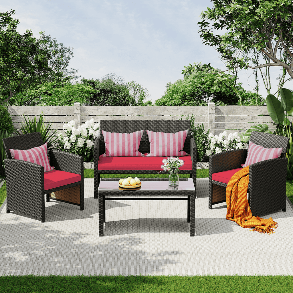 HOMREST 4-Piece Patio Furniture Set, Outdoor Wicker Patio Conversation Set with Cushions, Sofa & Glass Coffee Table, Red