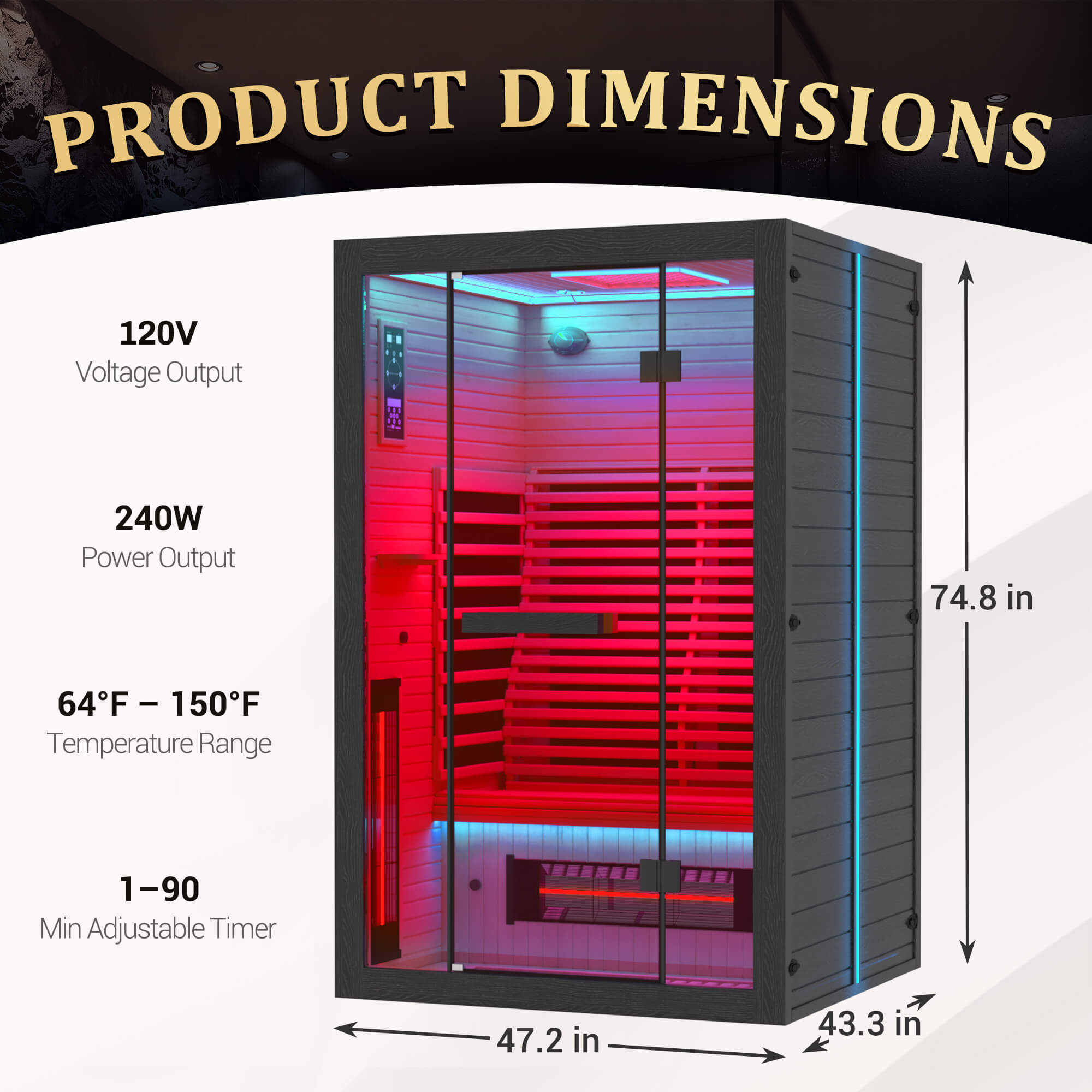 HOMREST 2 Person Infrared Sauna with Red Light Therapy, 360° Fast Heating, 7-Color LED & Bluetooth, Adjustable Seat, Black