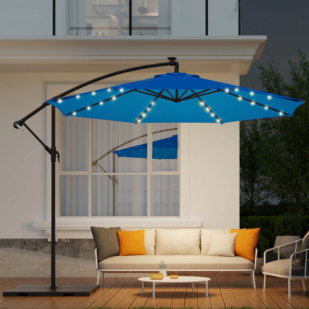 Homrest 10ft Solar Lighted Patio Umbrella, Infinite Tilt, Crank and Cross Base, Rolay Blue