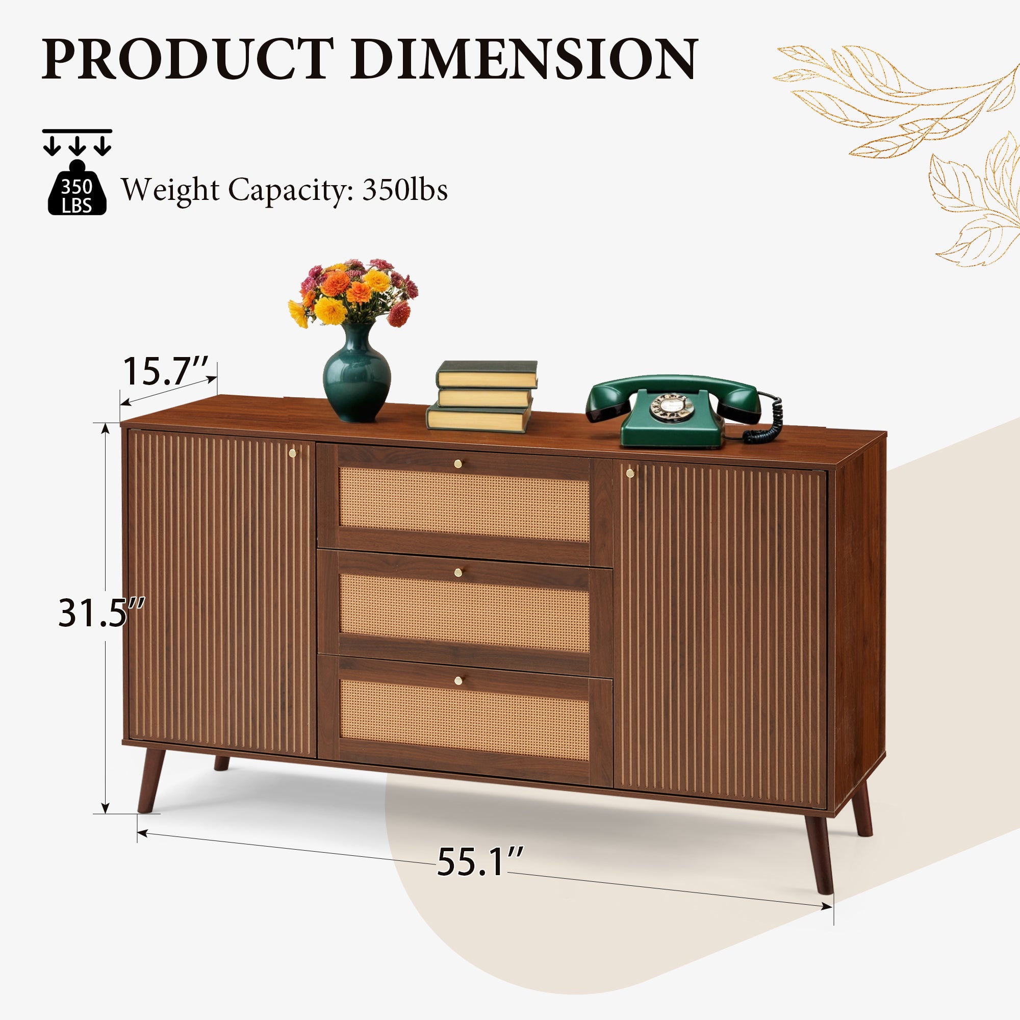 HOMREST  Solid Wood Sideboard Buffet Cabinet, Mid-Century Credenza for Living Room, Entryway, Walnut
