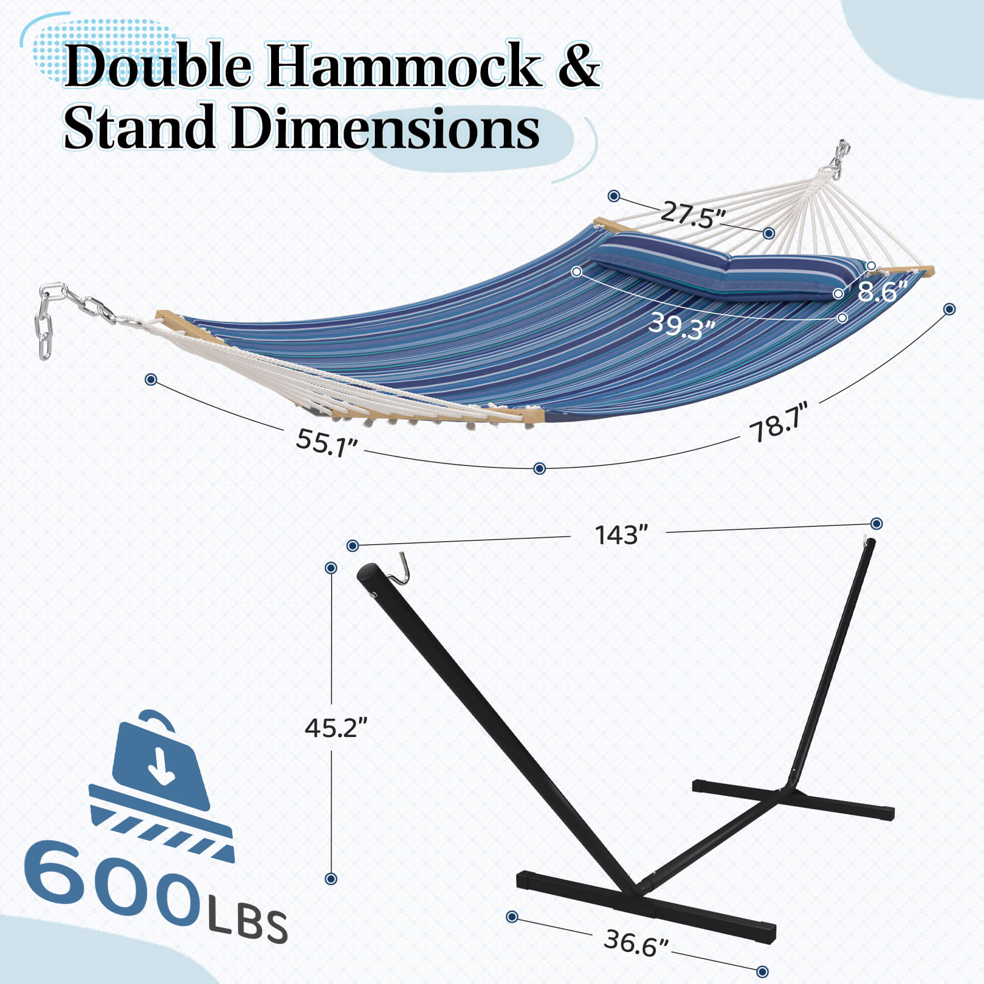 HOMREST Modern Rope Hammock with Stand, Portable Outdoor Hammock for Backyard, Beach & Camping, Blue Stripes