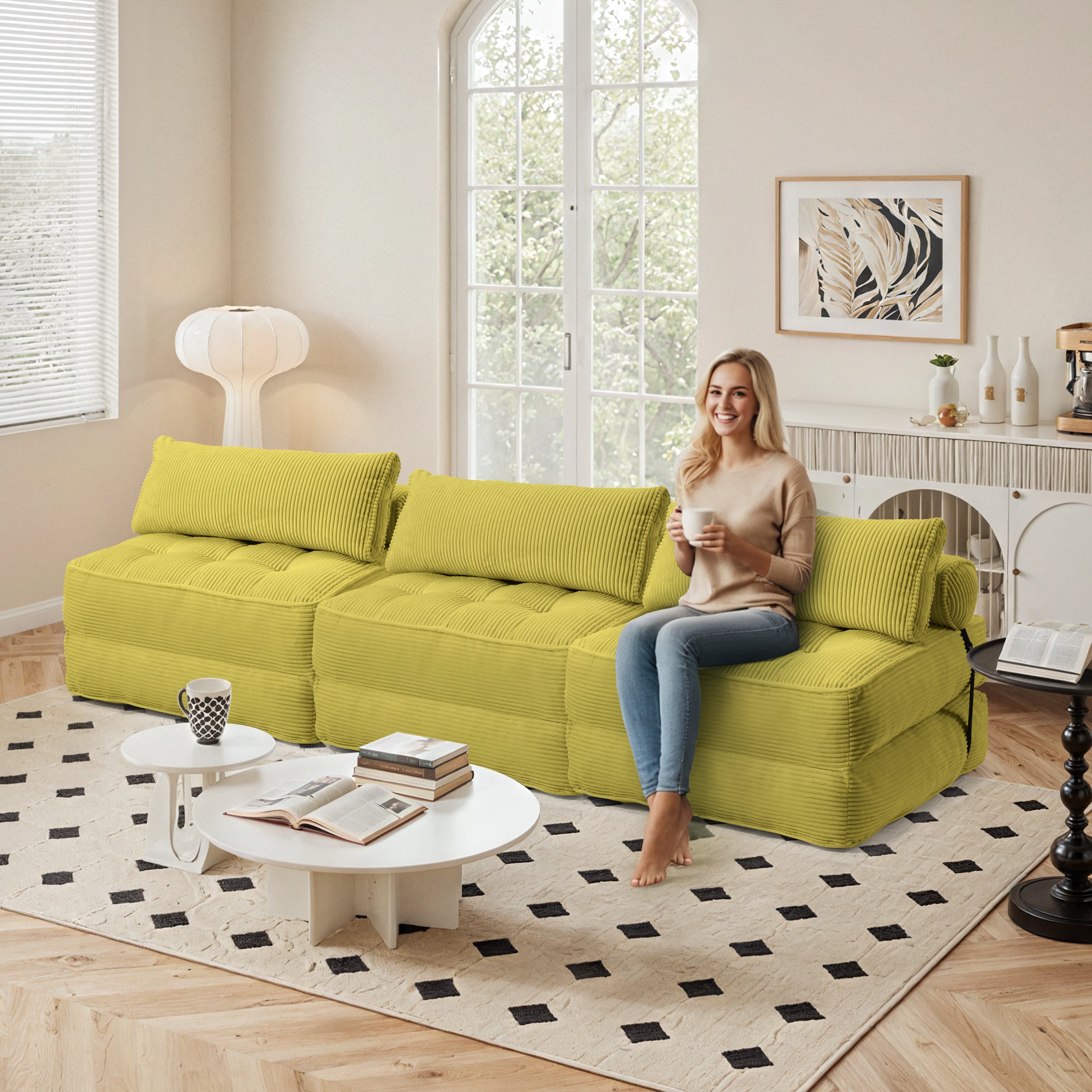HOMREST 3-Piece Modular Sectional Sofa, Convertible Lounge Set – Foldable Couch Bed, Avocado Green