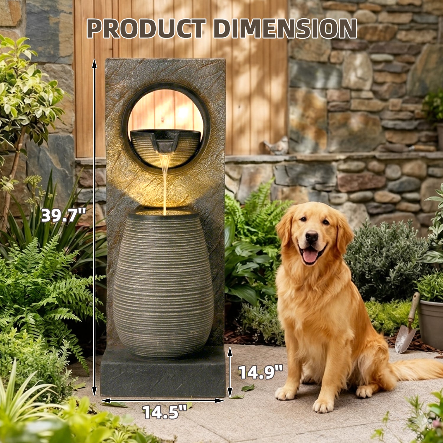 HOMREST 39.7" Water Fountain Outdoor with LED Lights – Resin Garden Fountain for Patio, Poolside, Deck & Indoor Use – Calming Flowing Water Sound for Relaxation – Easy Assembly