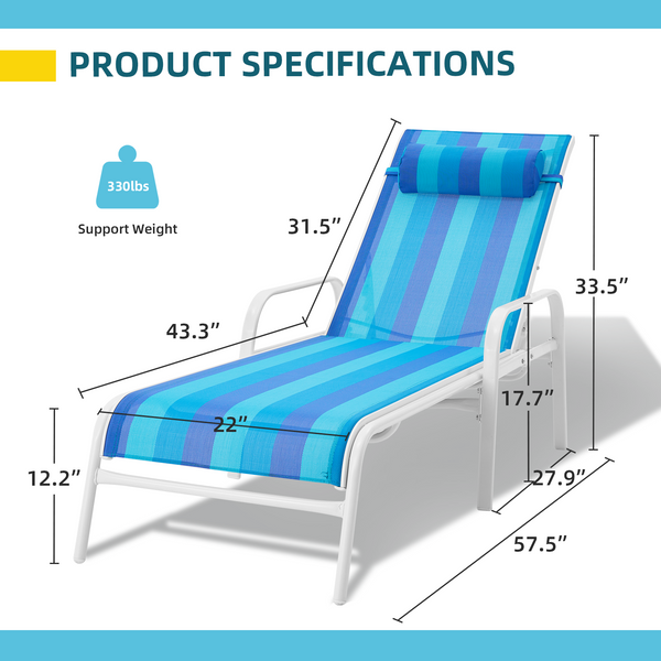 HOMREST Set of 2 Patio Chaise Lounges, Outdoor Lounge Chairs with Adjustable Backrest, All-Weather Textilene, Blue