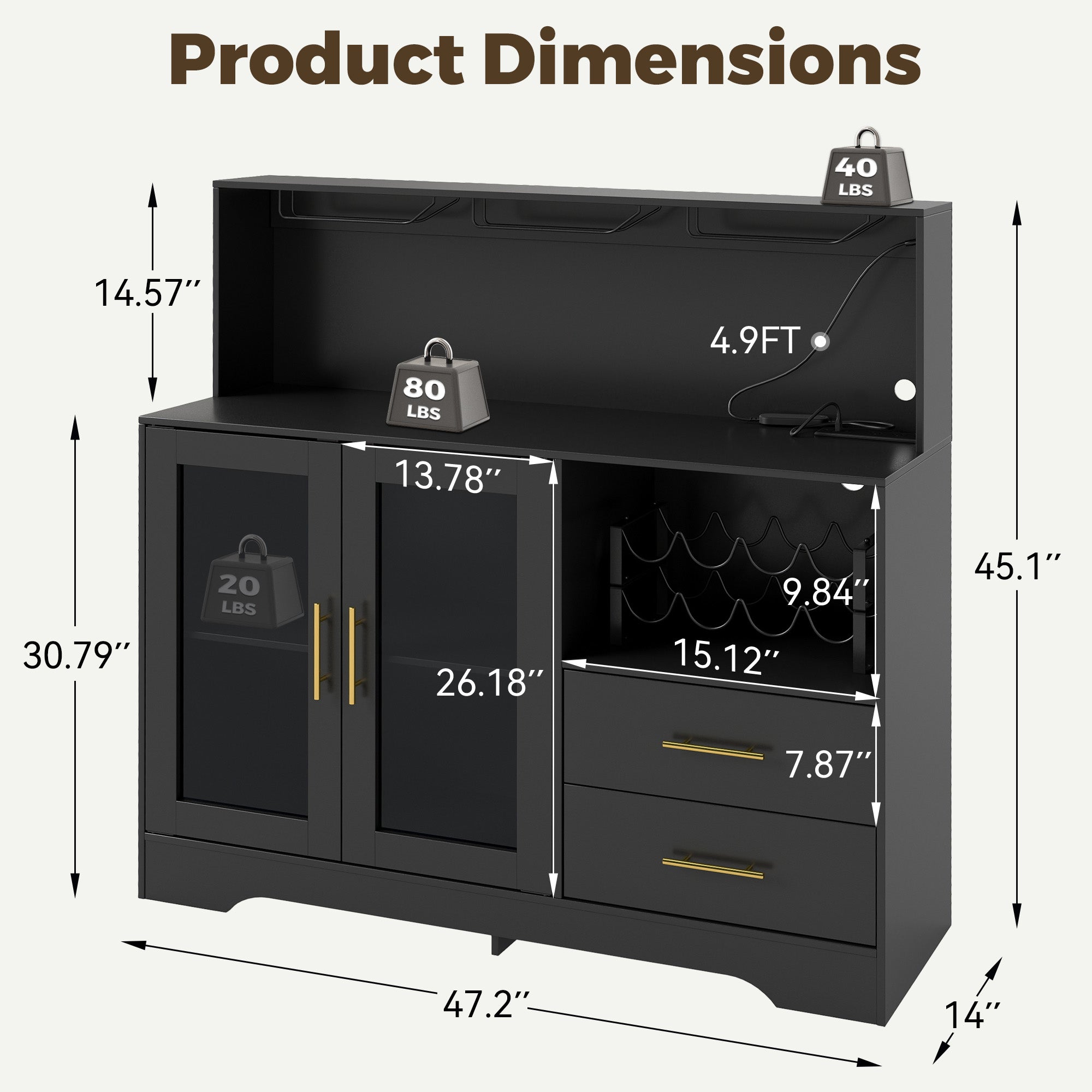 HOMREST Modern Wine Bar Cabinet With Led Lights, Coffee Bar With Wine Racks And Glass Holder, Charging Station,  Black