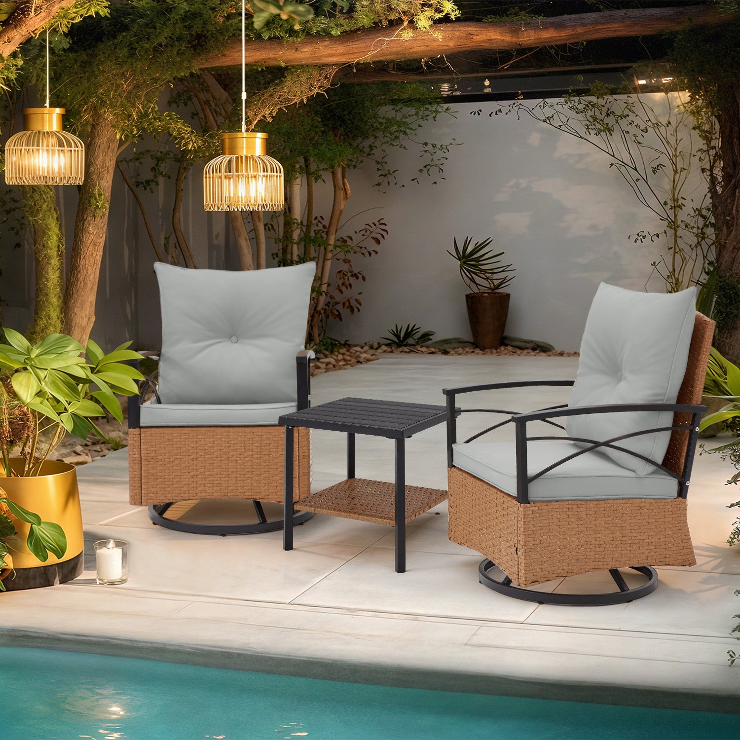 HOMREST 3-Piece Patio Swivel Rocker Set with Rattan Coffee Table, Gray