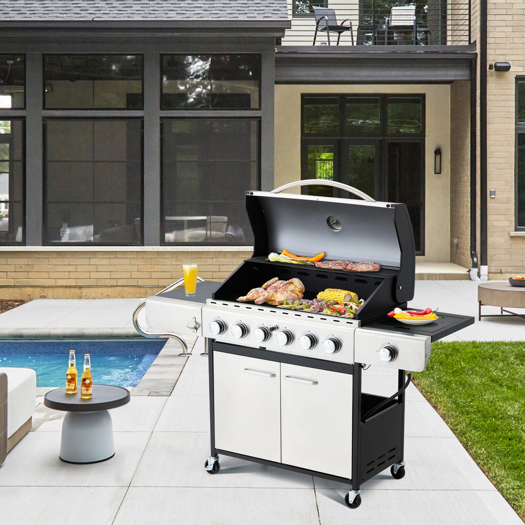 HOMREST 6 Burner BBQ Propane Gas Grill, 58,000 BTU Stainless Steel Patio Garden Barbecue Grill with Stove and Side Table