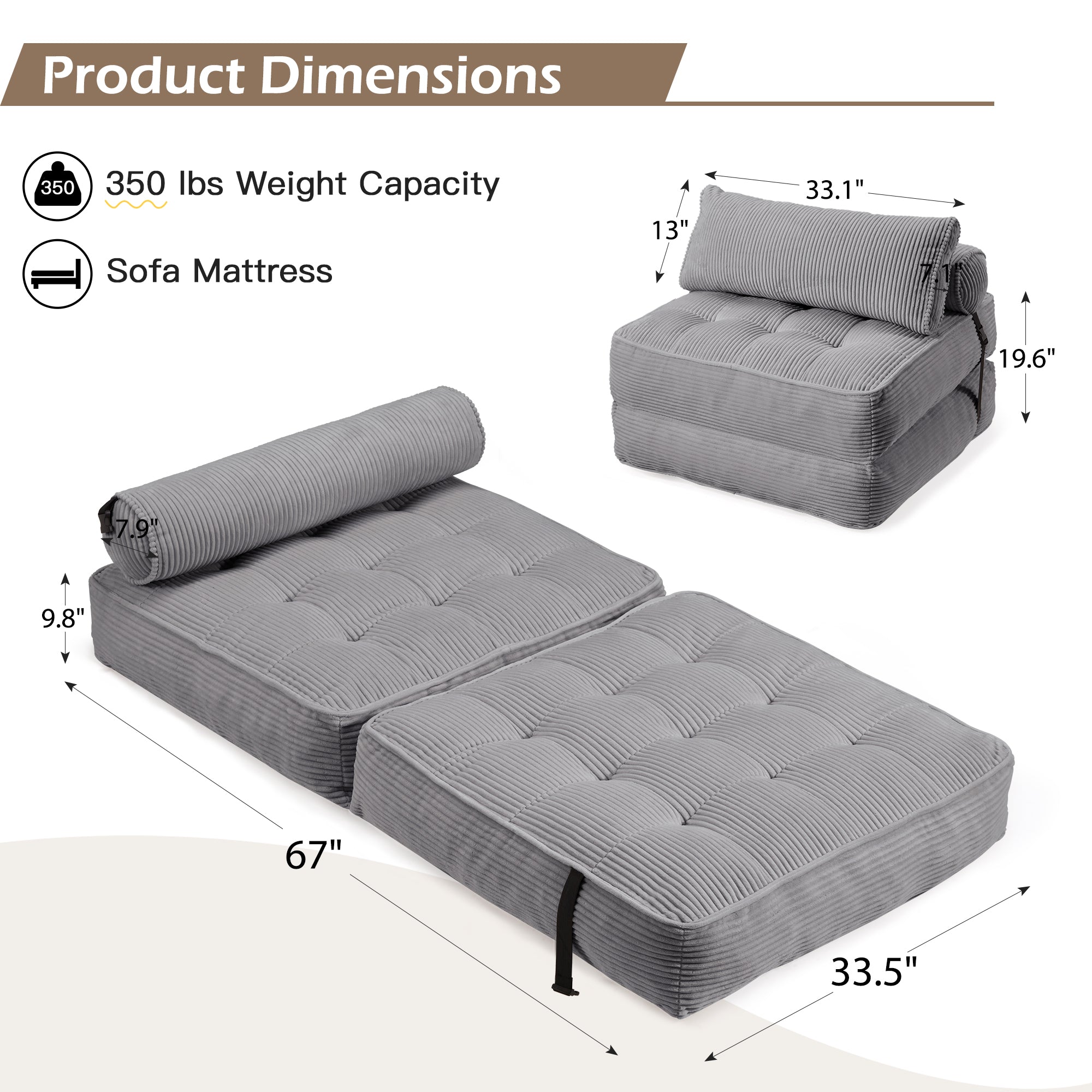 HOMREST 3-Piece Modular Sectional Sofa, Convertible Lounge Set – Foldable Couch Bed, Gray Blue