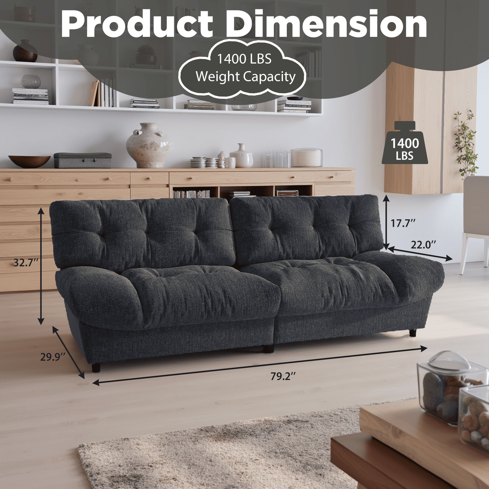 HOMREST 80 Inch Chenille Cloud Sofa Loveseat, Deep Seat Couch with Pillow Armrests, Dark Grey