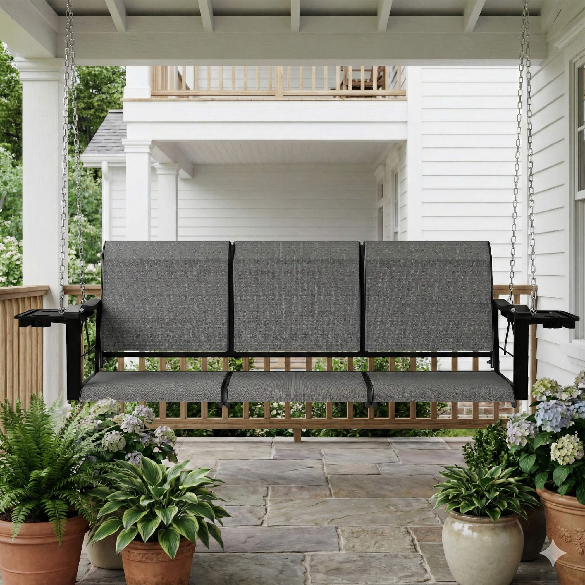 HOMREST Textilene 3 Seat Porch Swing with Cup Holder, 5.3FT Patio Hanging Swing Bench with with Hanging Chains, 700 LBS Capacity, Gray