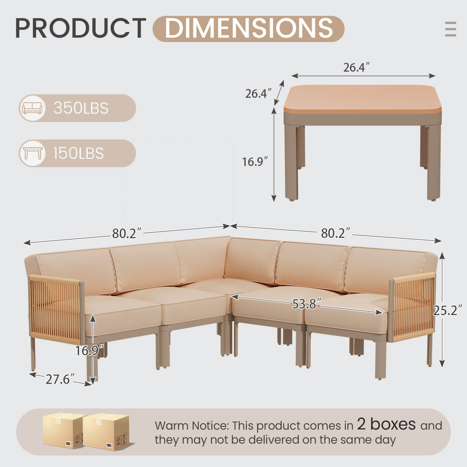 HOMREST 6-Piece Aluminum Patio Sectional Sofa Set, Outdoor Conversation Set with 6" Washable Thick Cushions & Coffee Table,  Beige