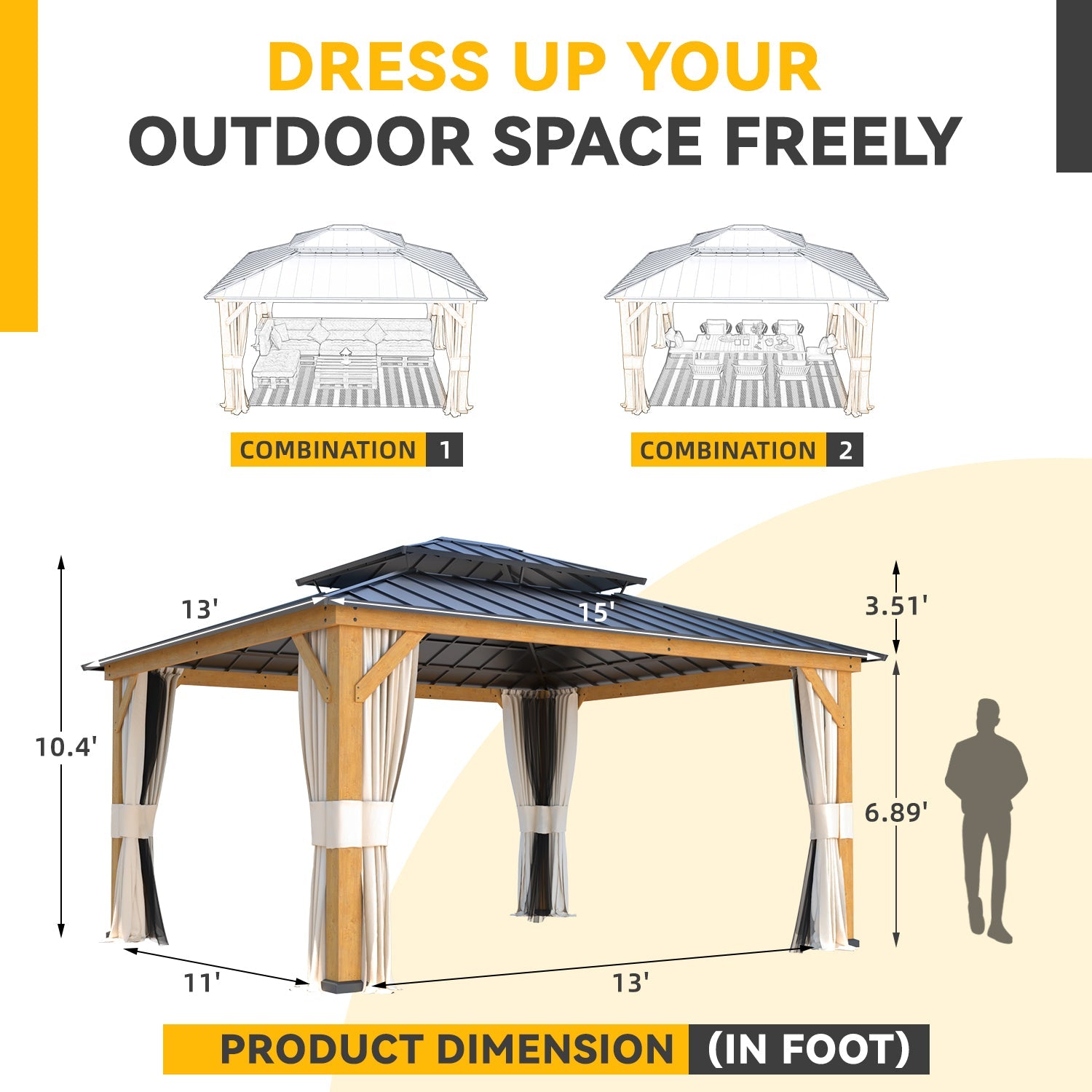 Homrest 13' x 15' Outdoor Cedar Wood Hardtop Gazebo w/ Double Metal Roof, Curtains & Nettings