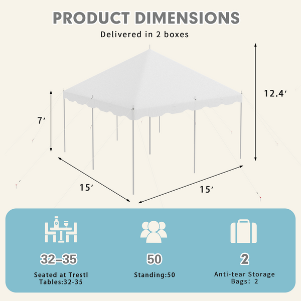 HOMREST 15x15ft Pole Party Tent, Heavy Duty Outdoor Canopy with Carry Bags, Large White Event Tent for 40 People, Ideal for Parties, Weddings, and Gatherings